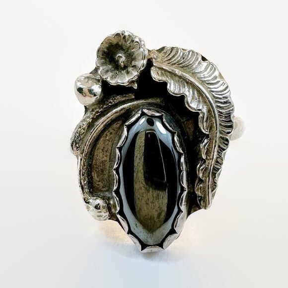 Vintage Navajo Ring Sterling Silver Native American Signed AK Hematite Black - Picture 4 of 5